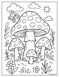 דף צביעה פטריות גדולות עם נקודות תחת שמש בשמיים