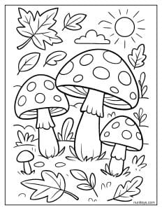 דף צביעה פטריות ביער עם עלים נושרים
