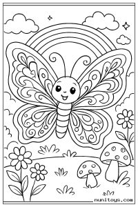 Ornate Butterfly with Rainbow and Garden Elements