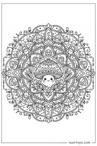 Ornate Kawaii Mushroom Mandala Coloring Illustration