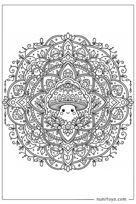 Ornate Kawaii Mushroom Mandala Coloring Illustration