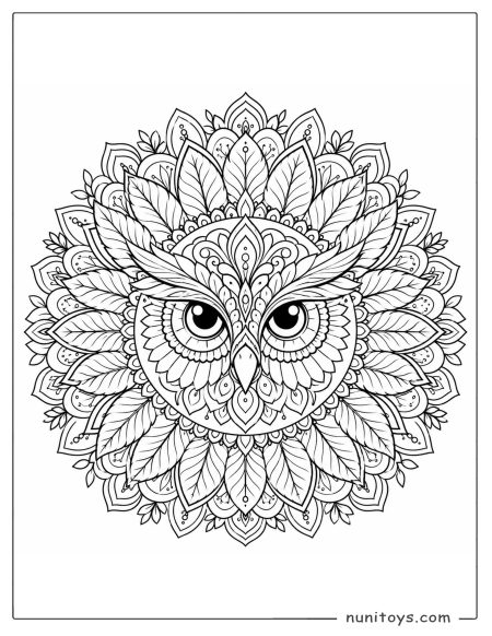 Owl Face Leaf Mandala Coloring Sheet
