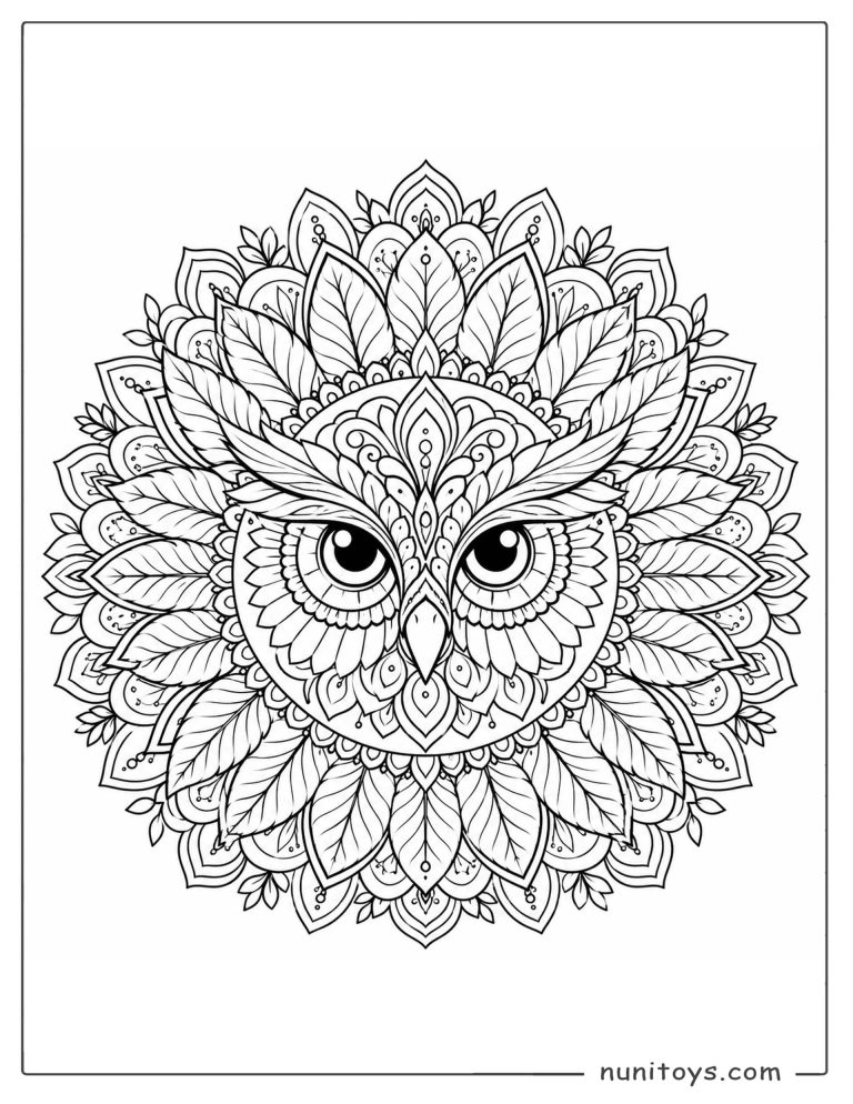 Coloriage mandala d’un hibou entouré de grandes feuilles