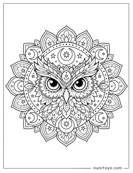 Owl Face Moon and Stars Mandala Coloring Sheet