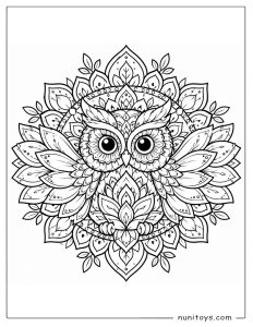 Owl Mandala Coloring Page with Layered Leaves