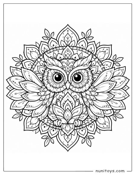 Owl Mandala Coloring Page with Layered Leaves