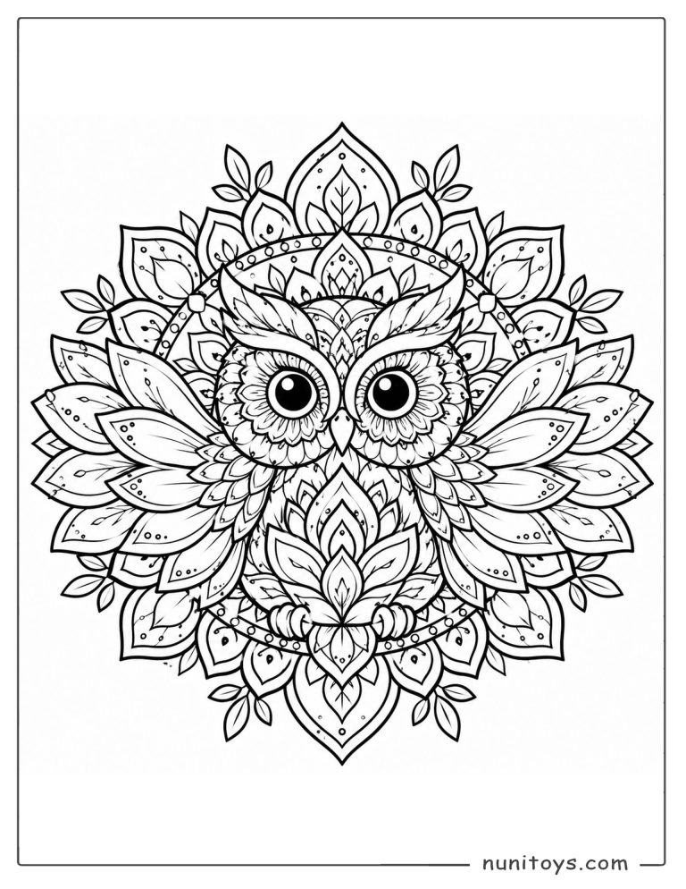Coloriage mandala d’un hibou parmi des pétales de lotus