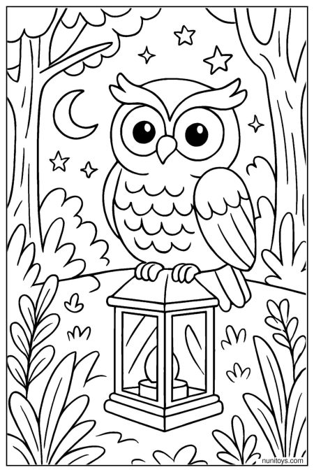 Owl Sitting on Lantern in Starry Forest Coloring Sheet
