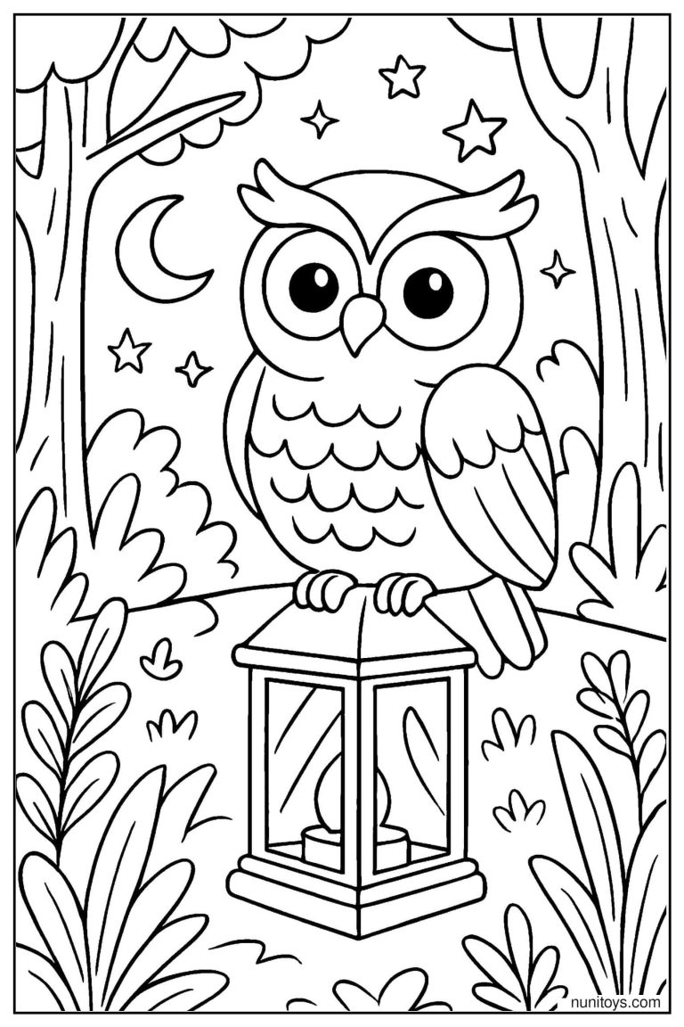 Coloriage d’un hibou perché sur une lanterne en forêt