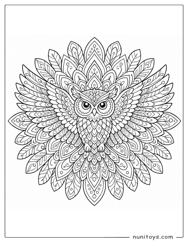 Coloriage mandala d’un hibou aux ailes déployées et plumes florales