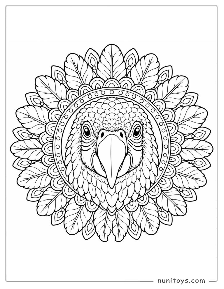 Coloriage tête de perroquet dans un mandala de plumes et feuilles