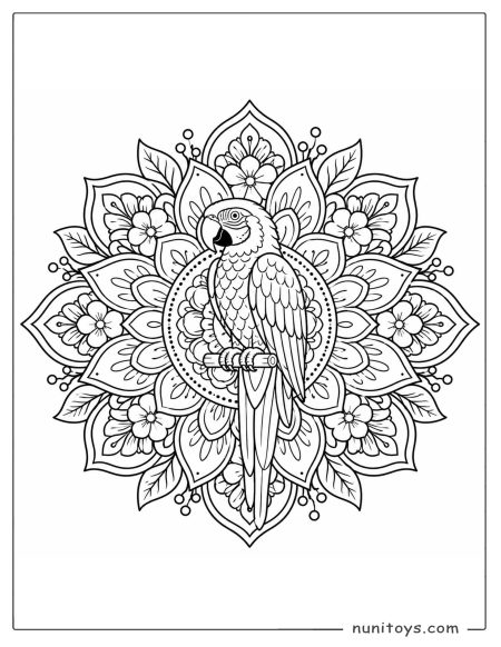 Parrot Sitting on Branch Floral Mandala Coloring Page