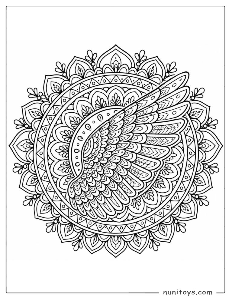 Coloriage aile de perroquet dans un mandala de plumes ornementales