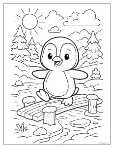 דף צביעה פינגווין תינוק הולך על גשר מעל מים קפואים