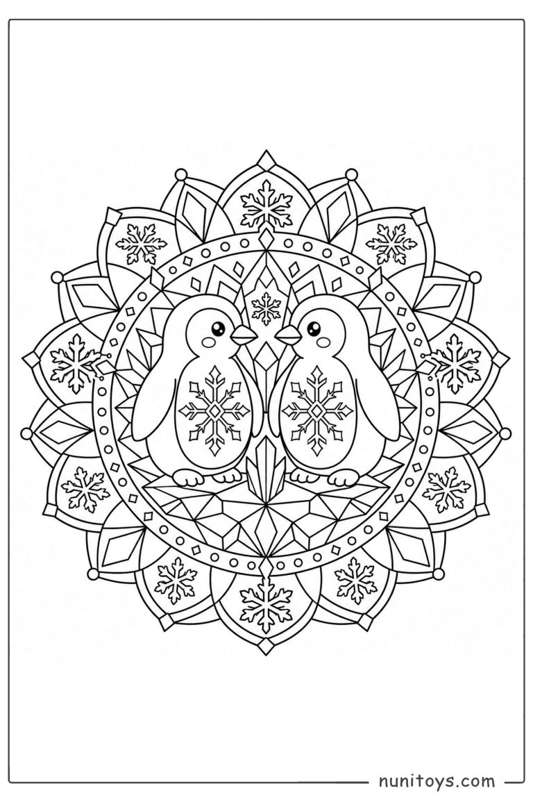 Coloriage de deux pingouins dans un mandala géométrique enneigé