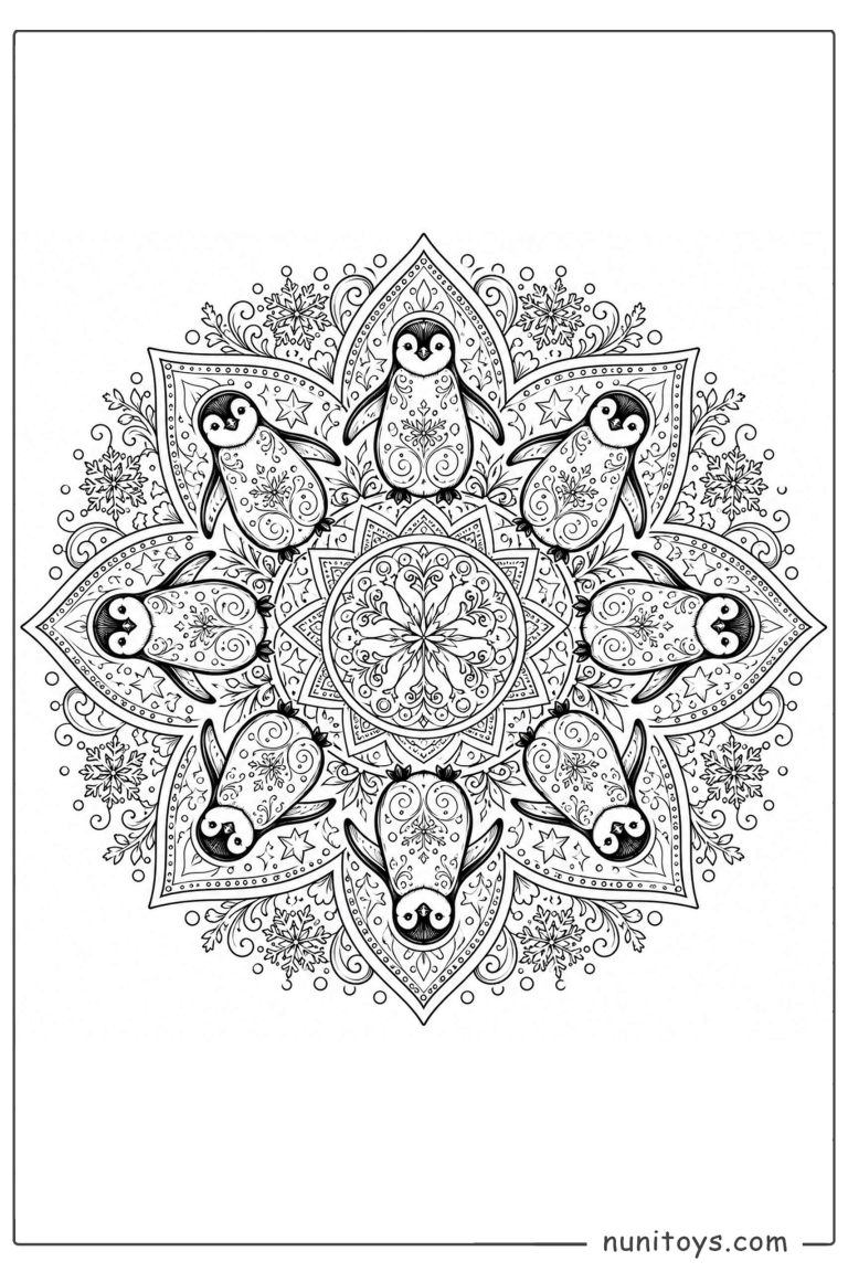 Coloriage mandala de pingouins autour d’un motif floral