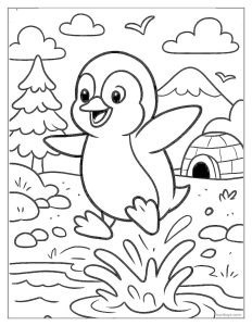 Penguin Splashing Near Igloo in Winter Scene Coloring Page
