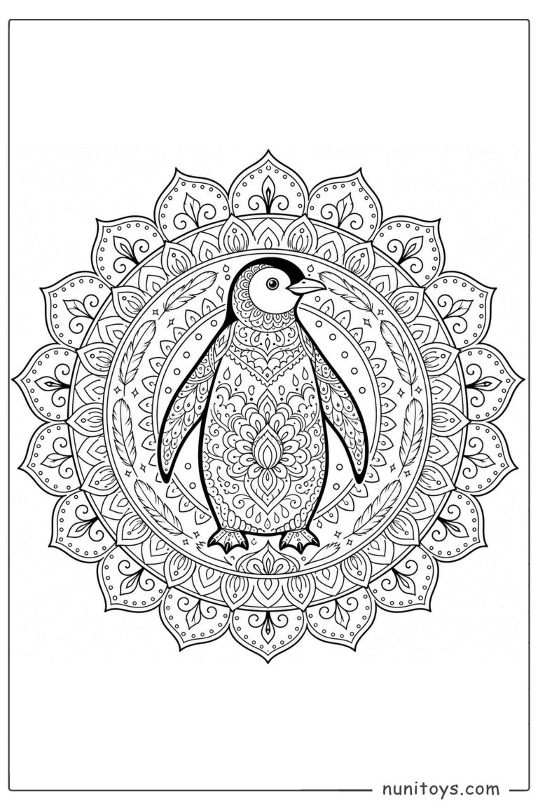 Coloriage pingouin majestueux dans un mandala floral détaillé