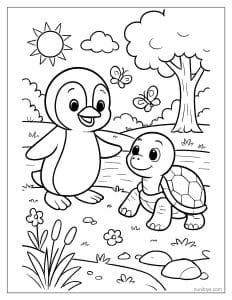 דף צביעה פינגווין פוגש צב חמוד בטבע