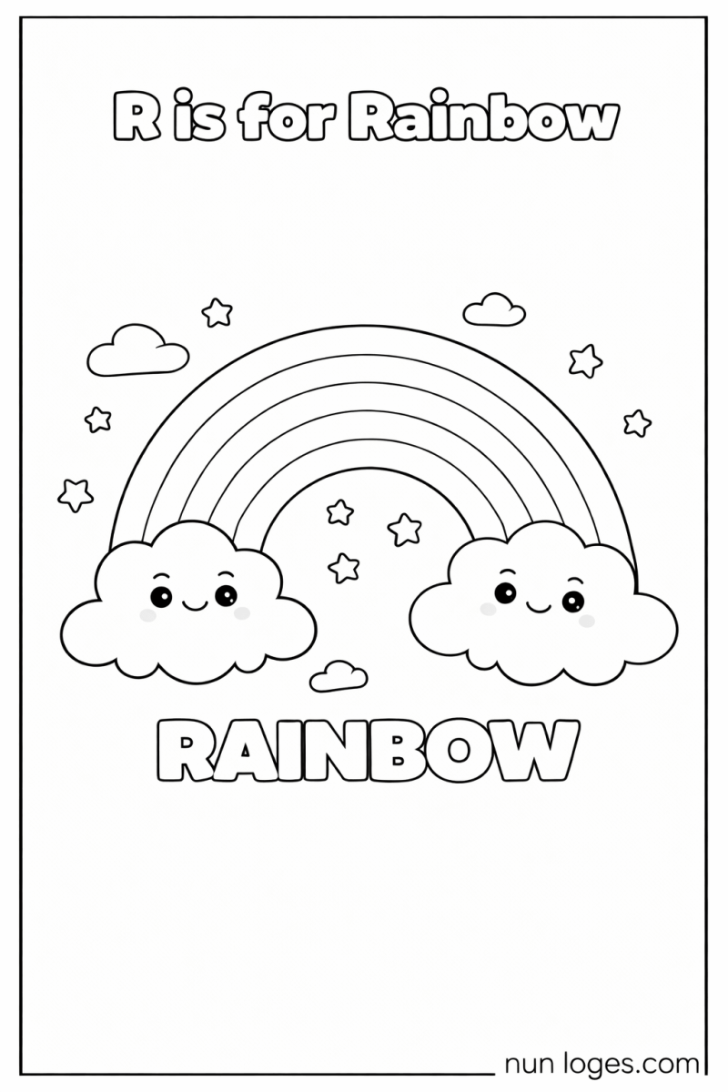 R is for Rainbow cute sky coloring page