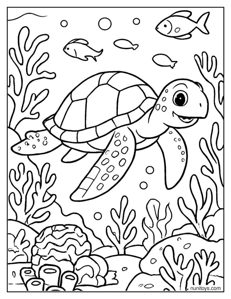 Sea Turtle Swimming Among Coral Reef Coloring Page