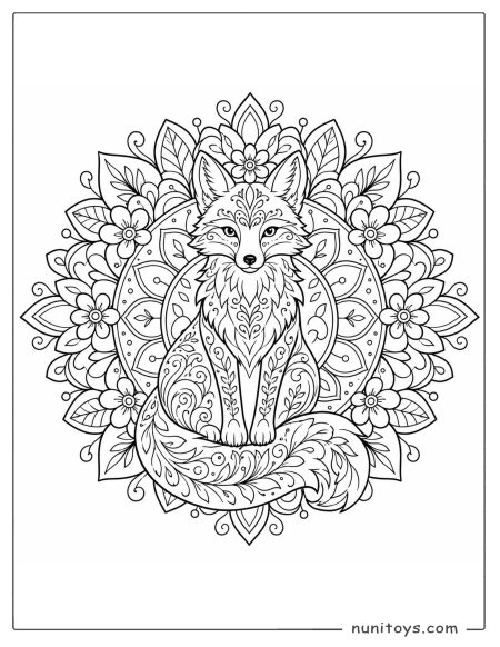 Sitting Fox Mandala Coloring Page with Floral Border