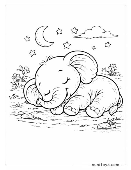 Página para colorear elefante bebé durmiendo bajo la luna