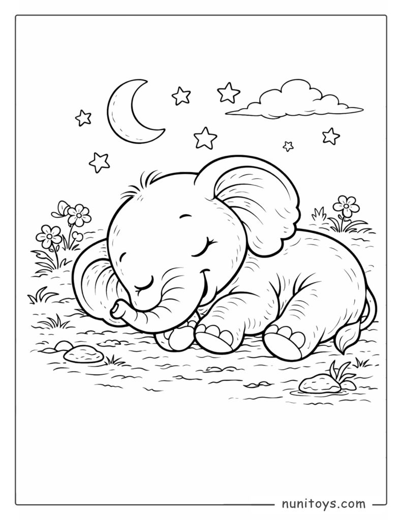 Página para colorear elefante bebé durmiendo bajo la luna