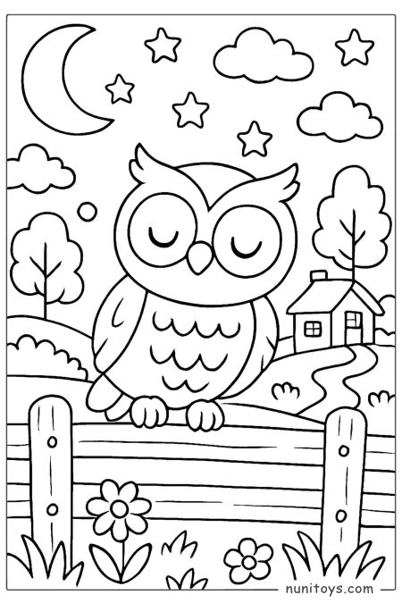 Sleepy Owl on Fence Near House Night Coloring Page