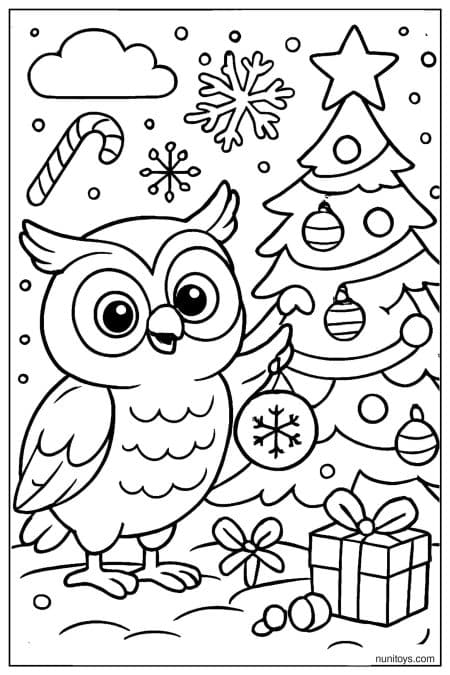 Owl by Decorated Christmas Tree with Gifts Coloring Page