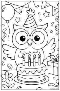 Birthday Owl with Cake and Party Decorations