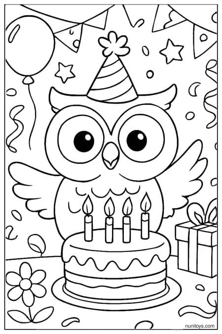 Birthday Owl with Cake and Party Decorations Coloring Page