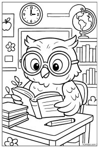 Owl Reading Book at Desk in Cozy Study Coloring Page