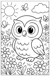 Cute Owl Standing Under Cloudy Sky Coloring Page