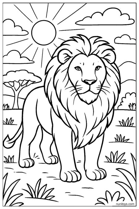 Standing Lion Under Bright Sun in Savanna Coloring Page