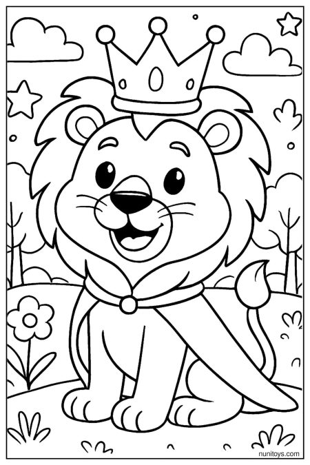 Lion Wearing Crown and Cape in Forest Coloring Page