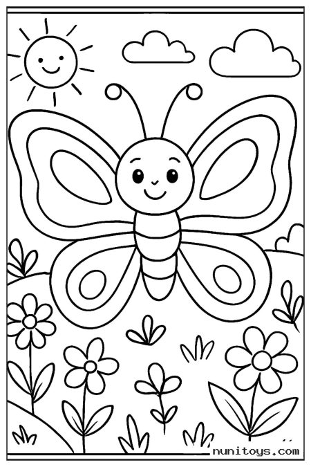 Smiling Butterfly in a Bright Flower Field Coloring Sheet