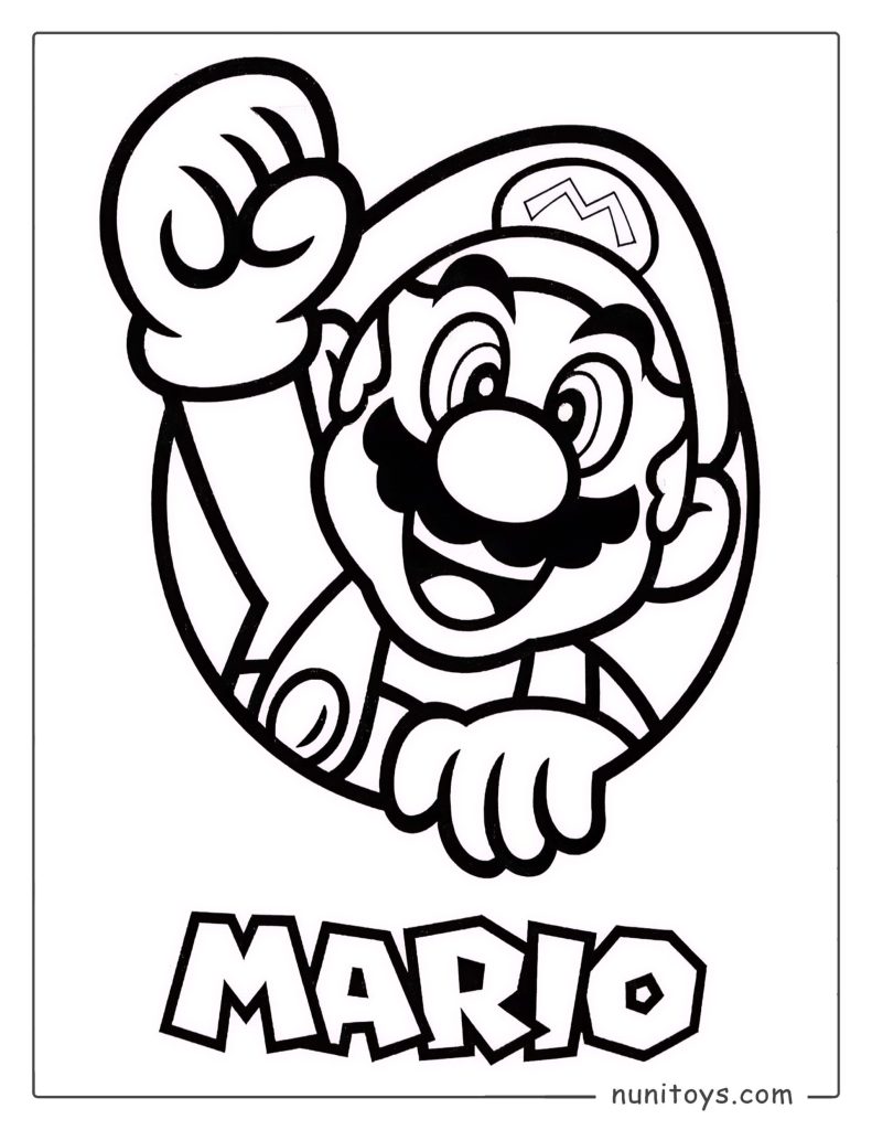 Coloriage de Mario qui fait signe de la main en souriant