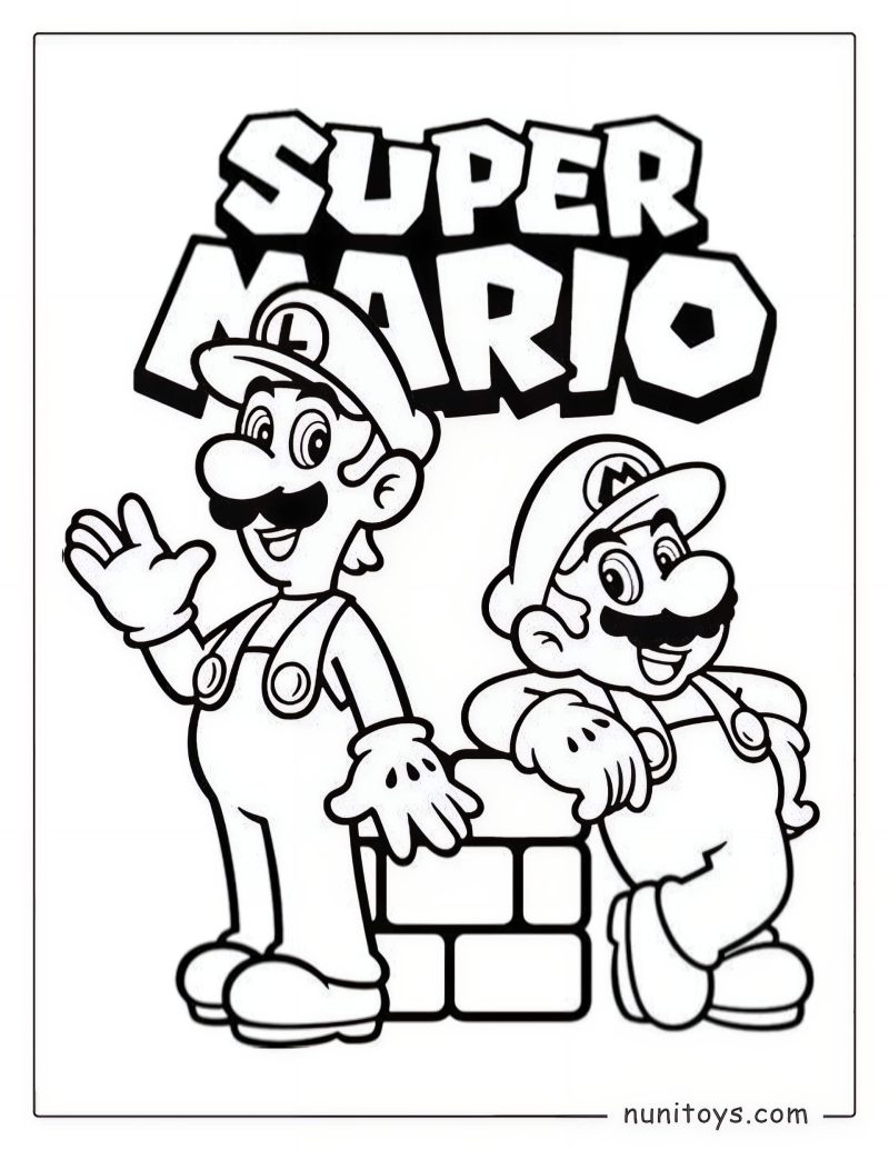 Coloriage de Mario et Luigi debout ensemble sous le logo Super Mario