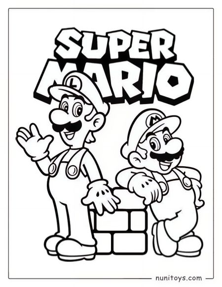 Mario y Luigi juntos frente a bloques página para colorear