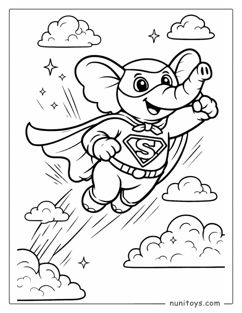 Página para colorear elefante superhéroe volando por el cielo