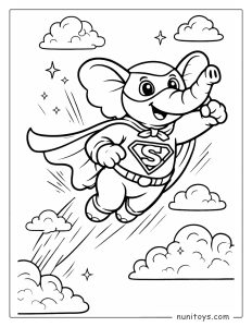 Superhero Elephant Flying Through the Sky Coloring Page