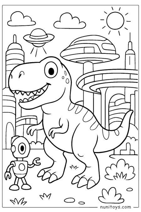 T-Rex in Futuristic City with UFO Coloring Page