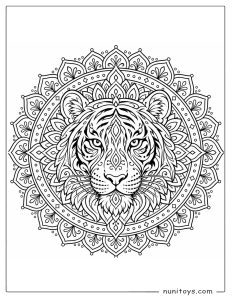Tiger Face Mandala Coloring Page with Ornamental Patterns
