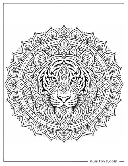 Tiger Face Mandala Coloring Page with Ornamental Patterns