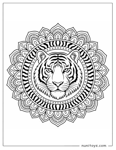 Tiger Face Mandala Coloring Sheet with Layered Petals