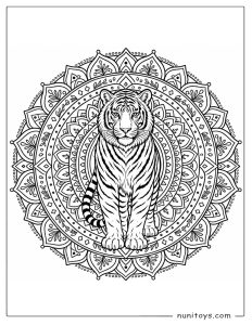 Tiger Sitting Inside Ornamental Mandala Coloring Sheet