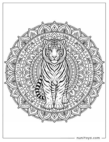 Tiger Sitting Inside Ornamental Mandala Coloring Sheet