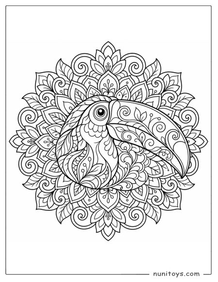Toucan Head Mandala Coloring Page with Tropical Leaves