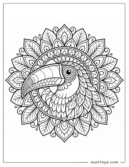 Toucan Mandala Coloring Page with Leaf Patterns